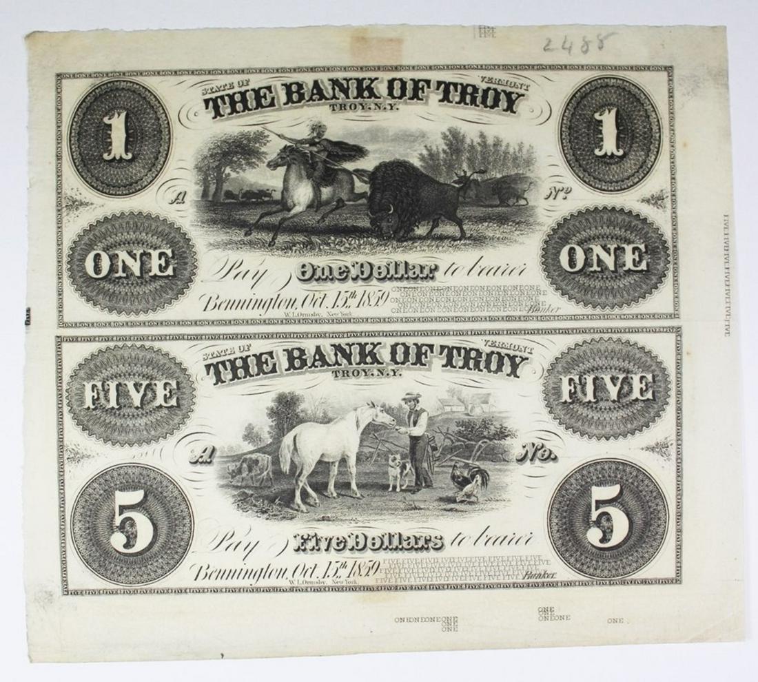 1858 RARE UNLISTED SHEET $1 AND $5: BANK OF TROY NEW YORK, VERMONT. GEM UNC. ESTIMATE: $1000-$1200