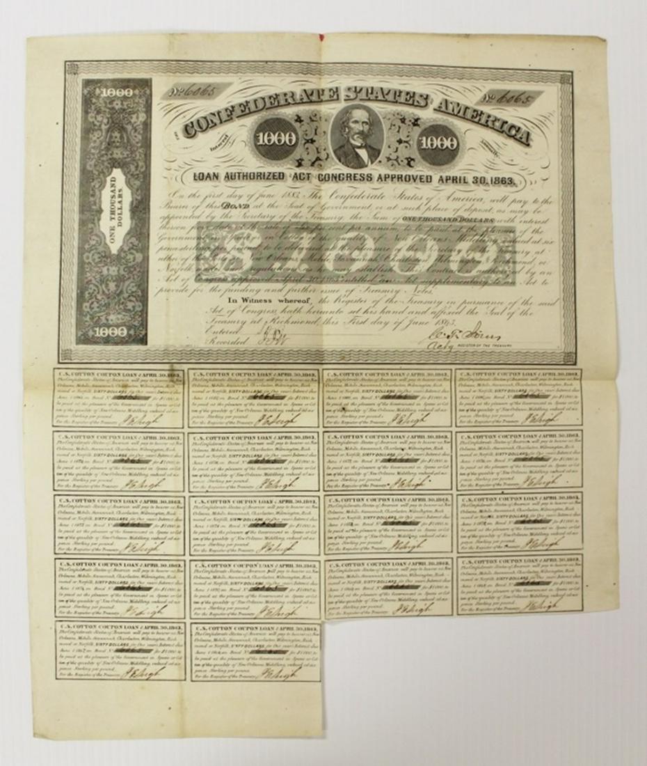 1863 $1000 CONFEDERATE WAR BOND: WHITE PAPER. ESTIMATE: $150-$200