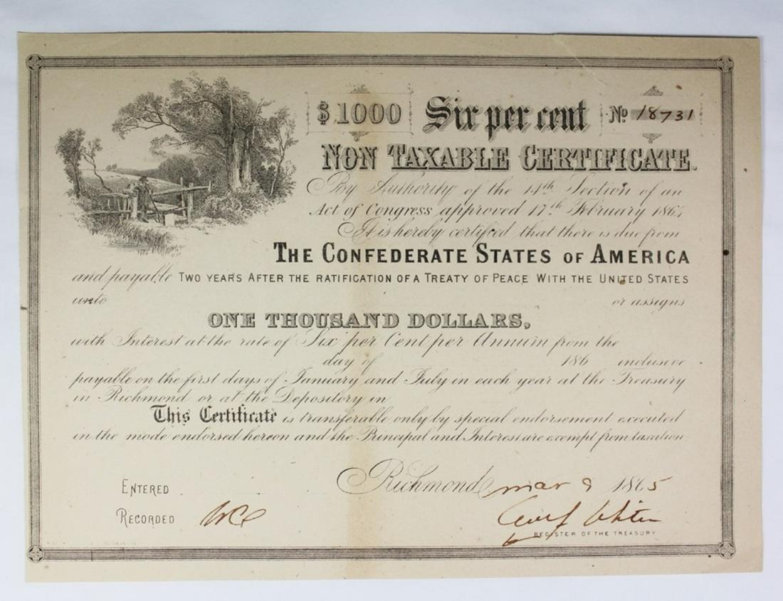 1865 $1000 CONFEDERATE WAR BOND: WHITE PAPER. SLIGHT RIP. ESTIMATE: $150-$200