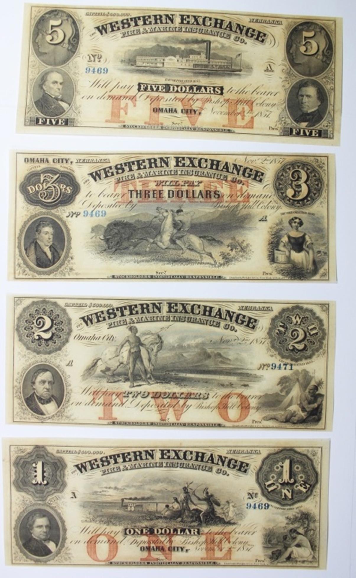 SET OF 4 WESTERN EXCHANGE: INCLUDES $1, $2, $3, AND $5. GEM UNC. ESTIMATE: $600-$700