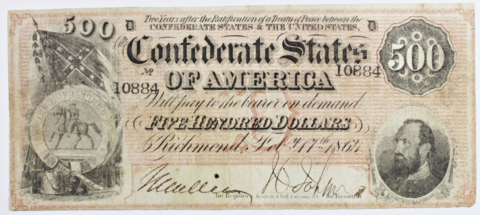 1864 $500 CONFEDERATE NOTE (1 of 2)