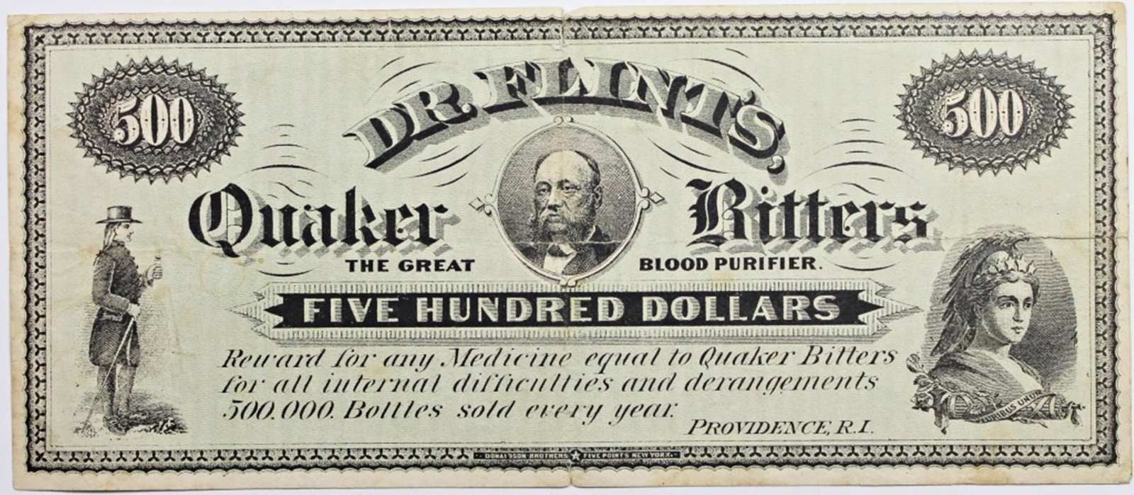 1870'S DR. FLINTS QUAKER BITTERS: $500 ADVANCE NOTE. THE GREAT BLOND PURIFIER. ESTIMATE: $300-$350