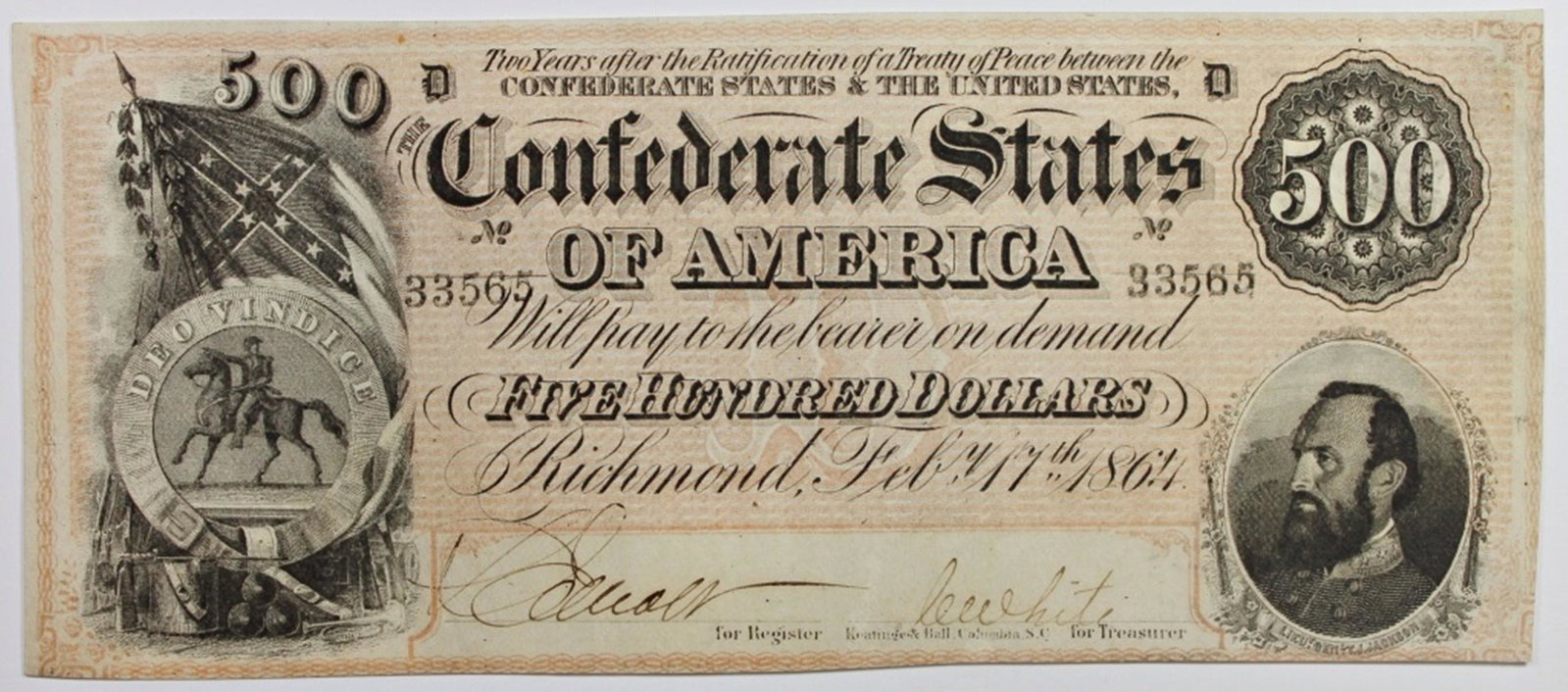 1864 $500 CONFEDERATE STATES OF AMERICA: TOP GRADE. #33565. PALE PINK. VIVID COLOR. UNC. ESTIMATE: $1100-$1200