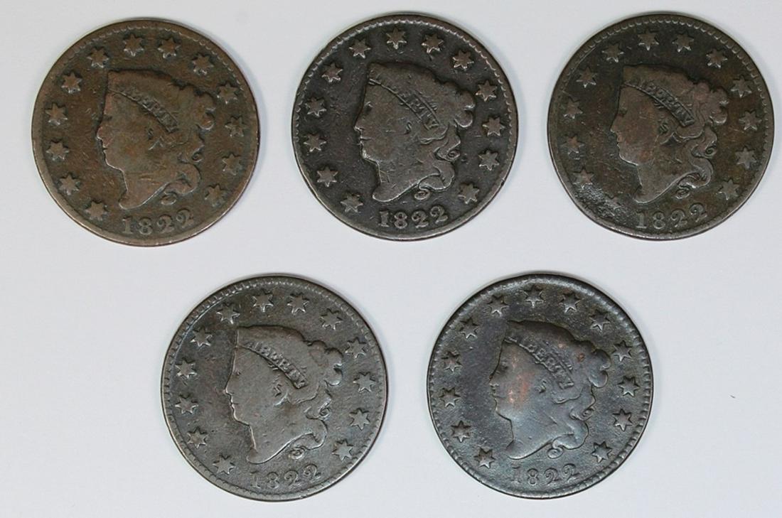 LOT OF FIVE 1822 CENTS (1 of 2)
