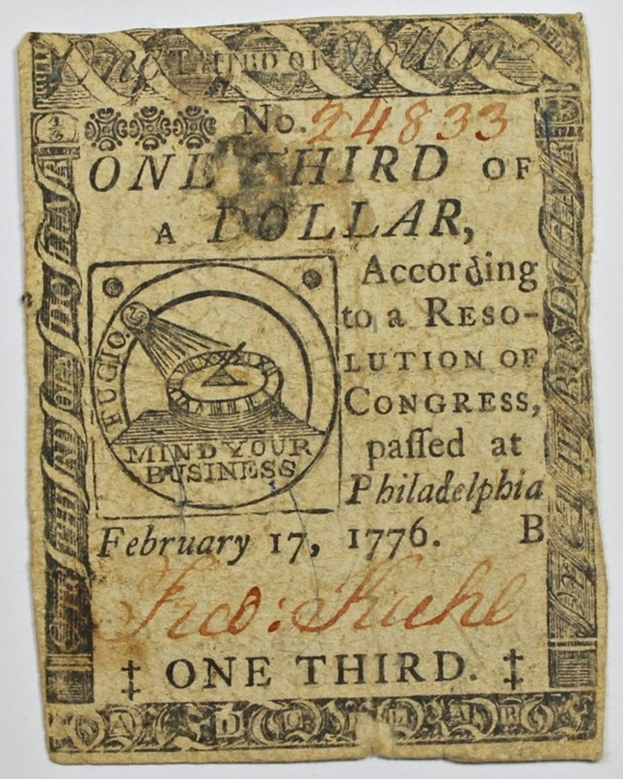 1776 ONE THIRD OF DOLLAR: CONTINENTAL CURRENCY. FUGIO. RARE! VF. ESTIMATE: $600-$650