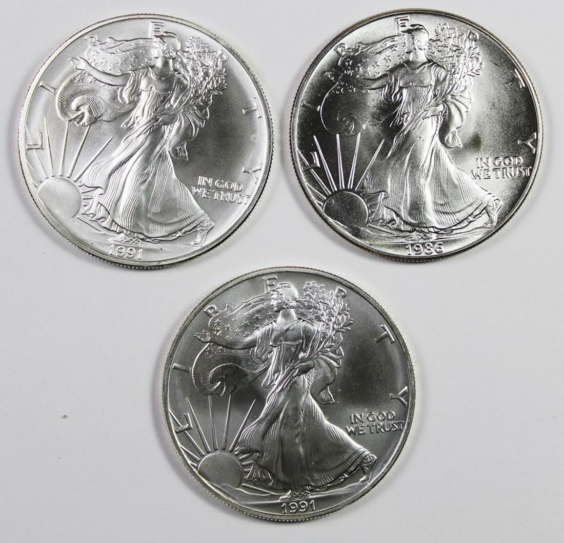 THREE GEM BU AMERICAN SILVER EAGLES (1 of 2)