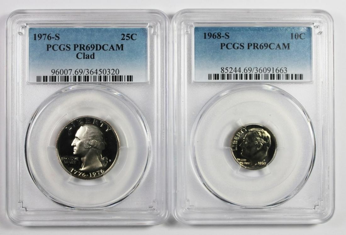 1976-S QUARTER AND 1968-S DIME: 1967-S QUARTER PCGS GRADED. PROOF69 DEEP CAMEO AND 1968-S DIME PCGS GRADED PROOF69 DEEP CAMEO. ESTIMATE: $75-$100