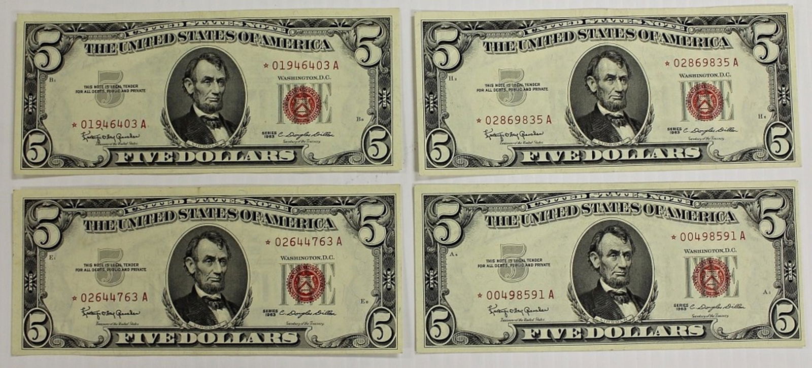 FOUR PCS. 1863  $5.00 U.S. NOTES: STAR NOTES: (1 of 2)