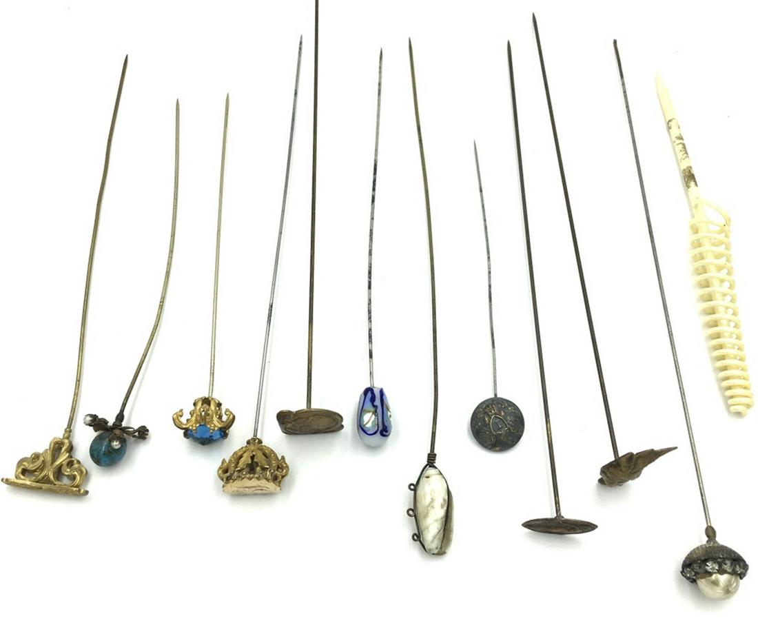 LOT OF TWELVE ANTIQUE VINTAGE HAT PINS (1 of 3)