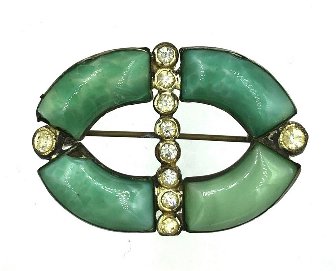 ANTIQUE BRASS AND RHINESTONE PIN: CIRCA LATE 1880'S - C CLASP, GREEN STONE, ESTIMATE $25-$50