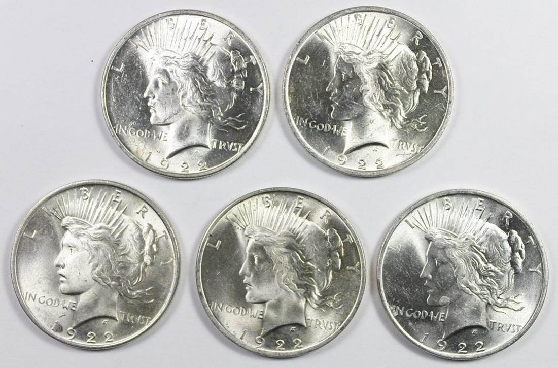 FIVE 1922 PEACE DOLLARS (1 of 2)