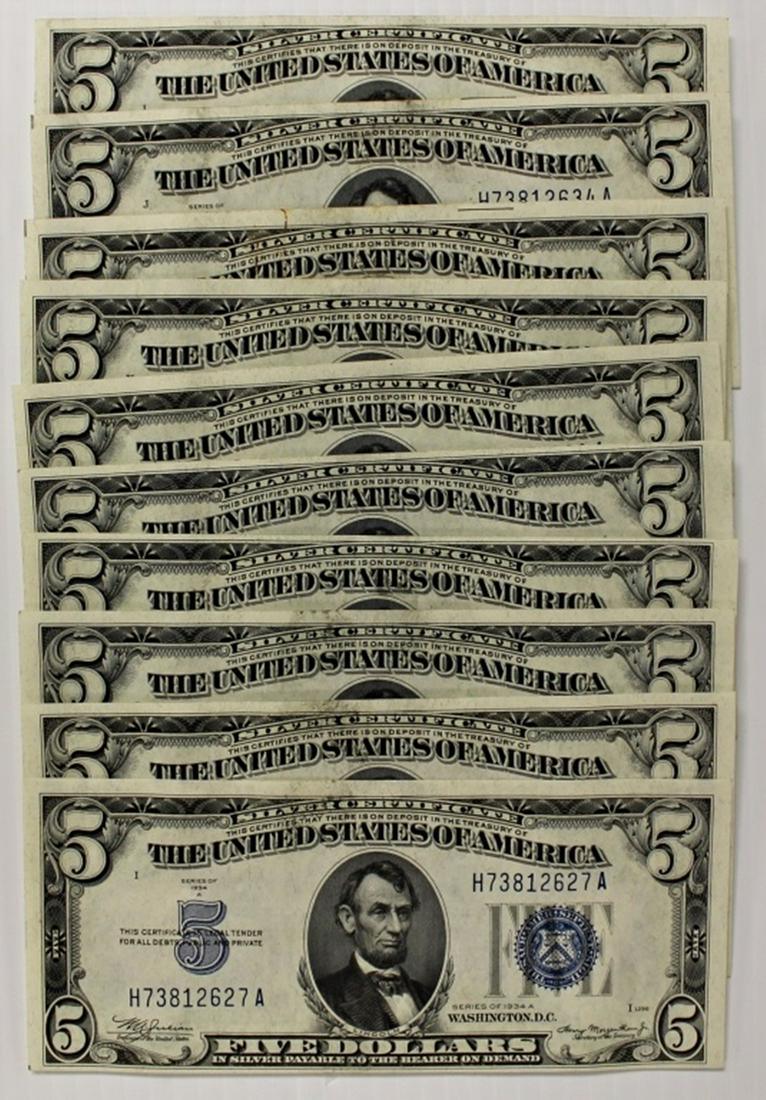 (10) 1934-A $5.00 SILVER CERTIFICATES (1 of 4)