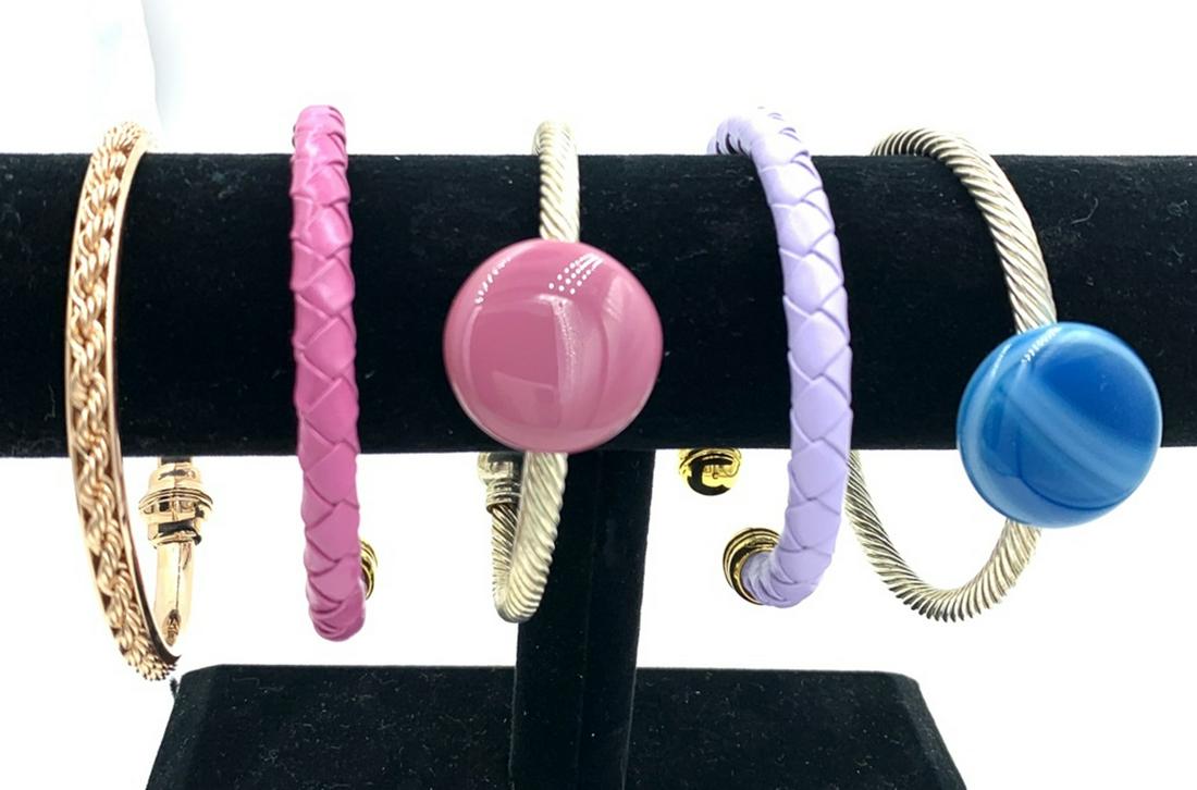 LOT OF FIVE CUFF BRACELETS: BRONZE BRACELET HAS MAGNETIC CLOSURE, SEE PHOTOS, ESTIMATE $75-$100