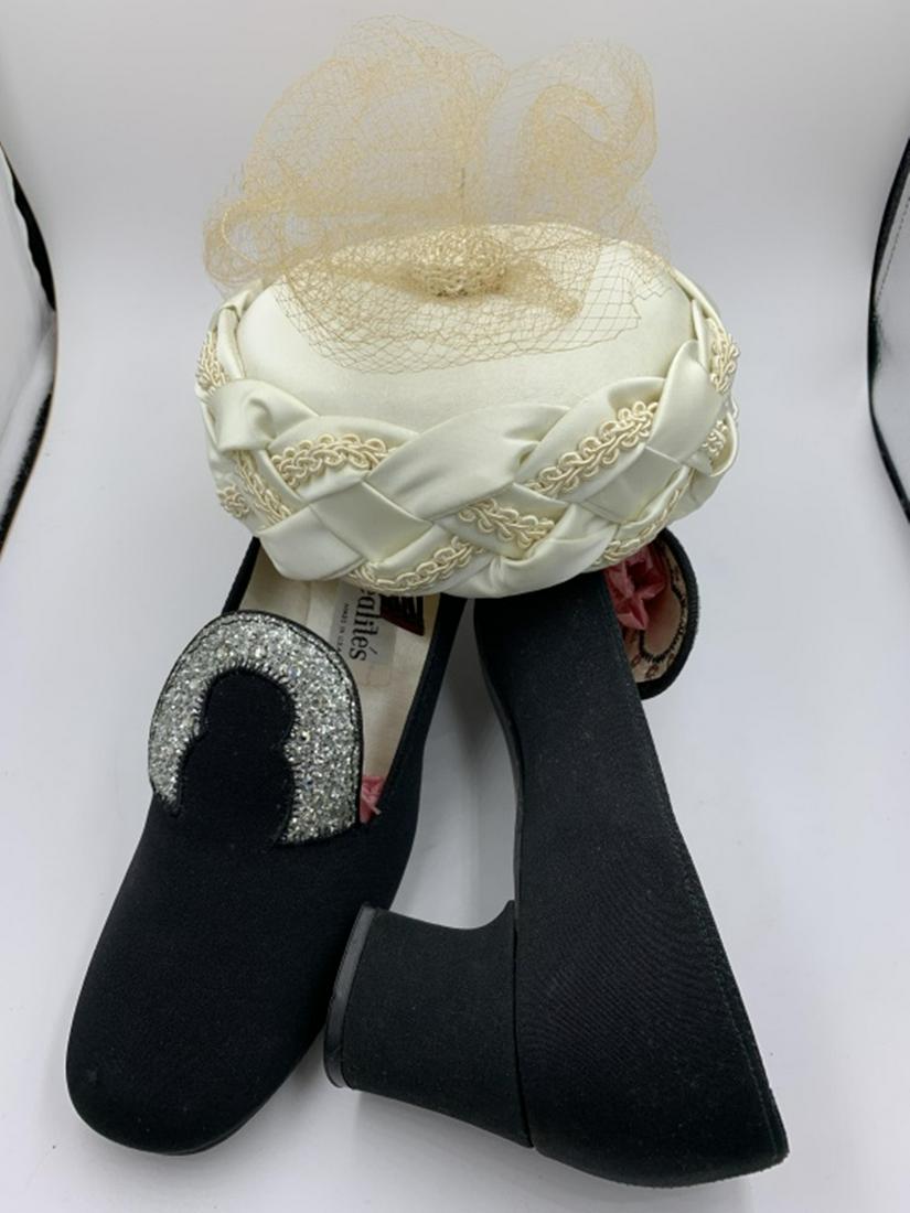 VINTAGE PILL BOX HAT AND SIZE NINE WOMENS SHOES: CIRCA 1960'S, ESTIMATE: $1-$100