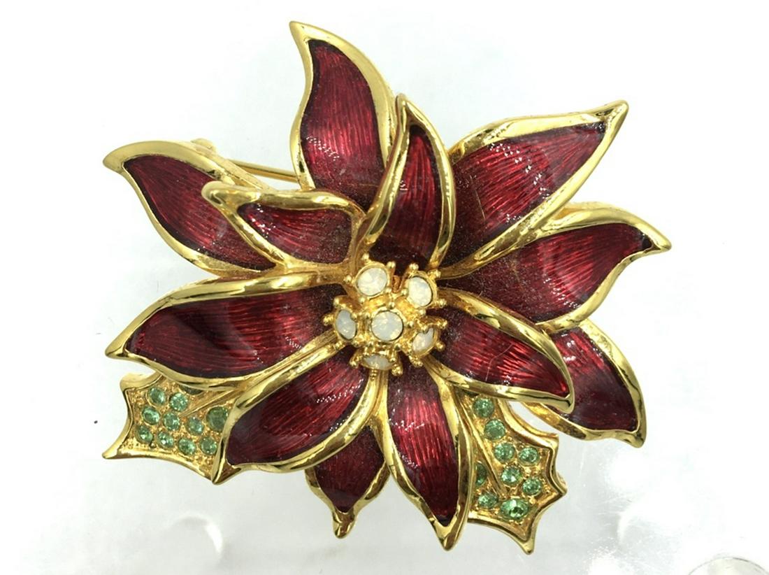 NOLAN MILLER FLOWER PIN BROOCH: 2 1/4" IN DIAMETER, CHRISTMAS POINSETTA, ESTIMATE: $1-$100
