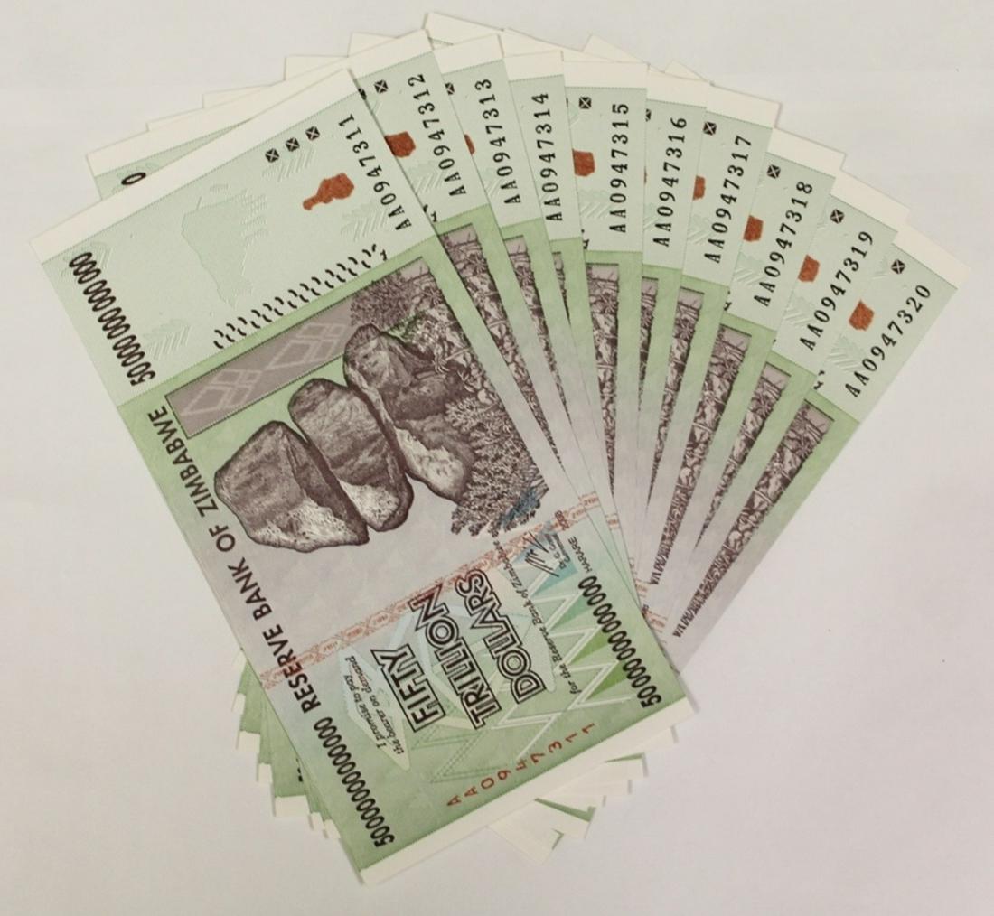 10 PCS. 50 TRILLION DOLLAR ZIMBAWE NOTES (1 of 2)