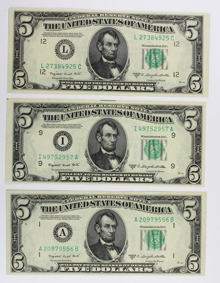 (3) 1950-C $5.00 FEDERAL RESERVE NOTES: MINNEAPOLIS, SAN FRANCISCO AND BOSTON IS AU. ESTIMATE: $125-$175