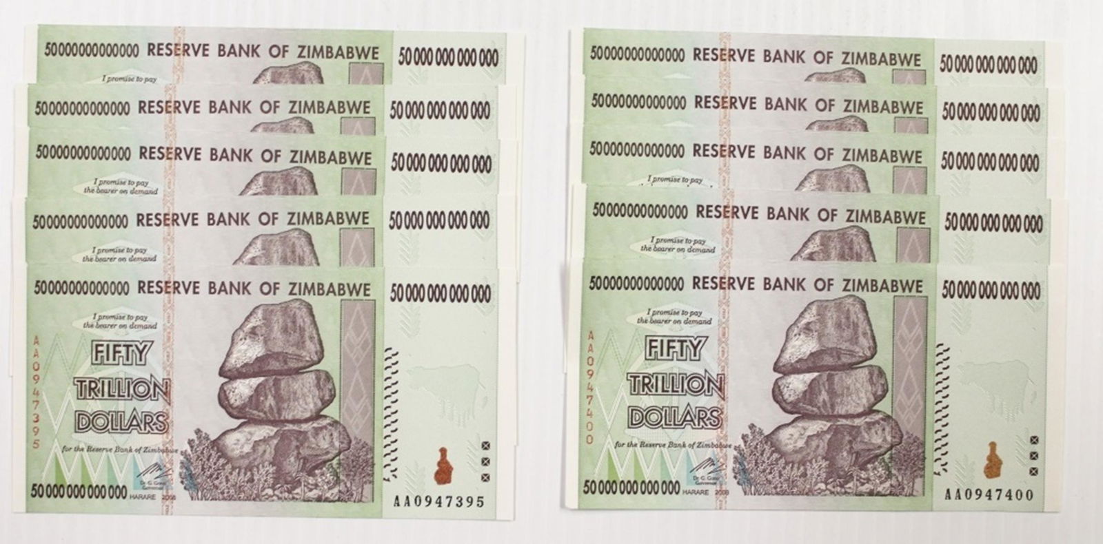 10 PCS. 50 TRILLION DOLLAR ZIMBAWE NOTES (1 of 3)