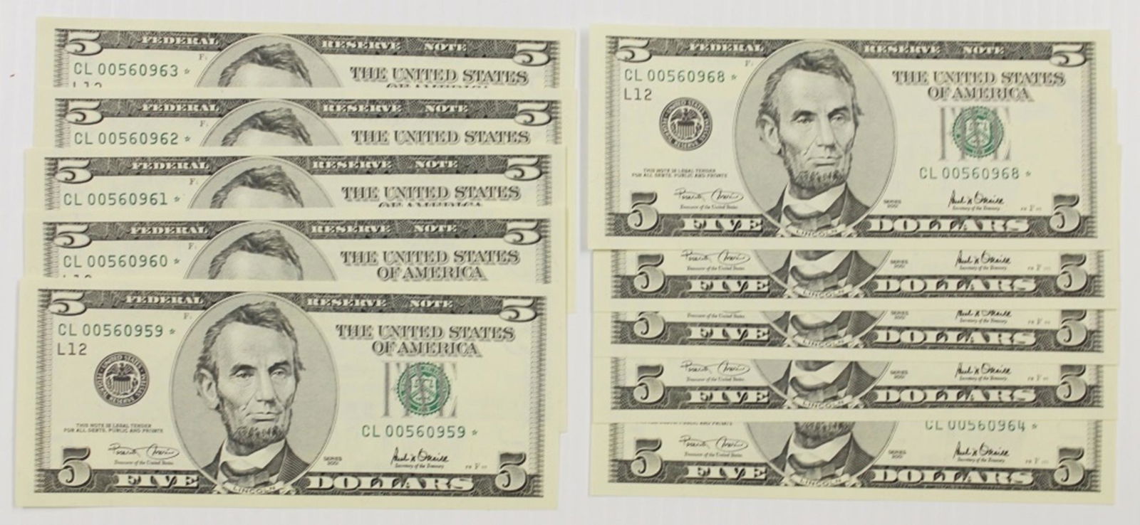 10 PCS 2001 $5.00 FEDERAL RESERVE STAR NOTES (1 of 2)