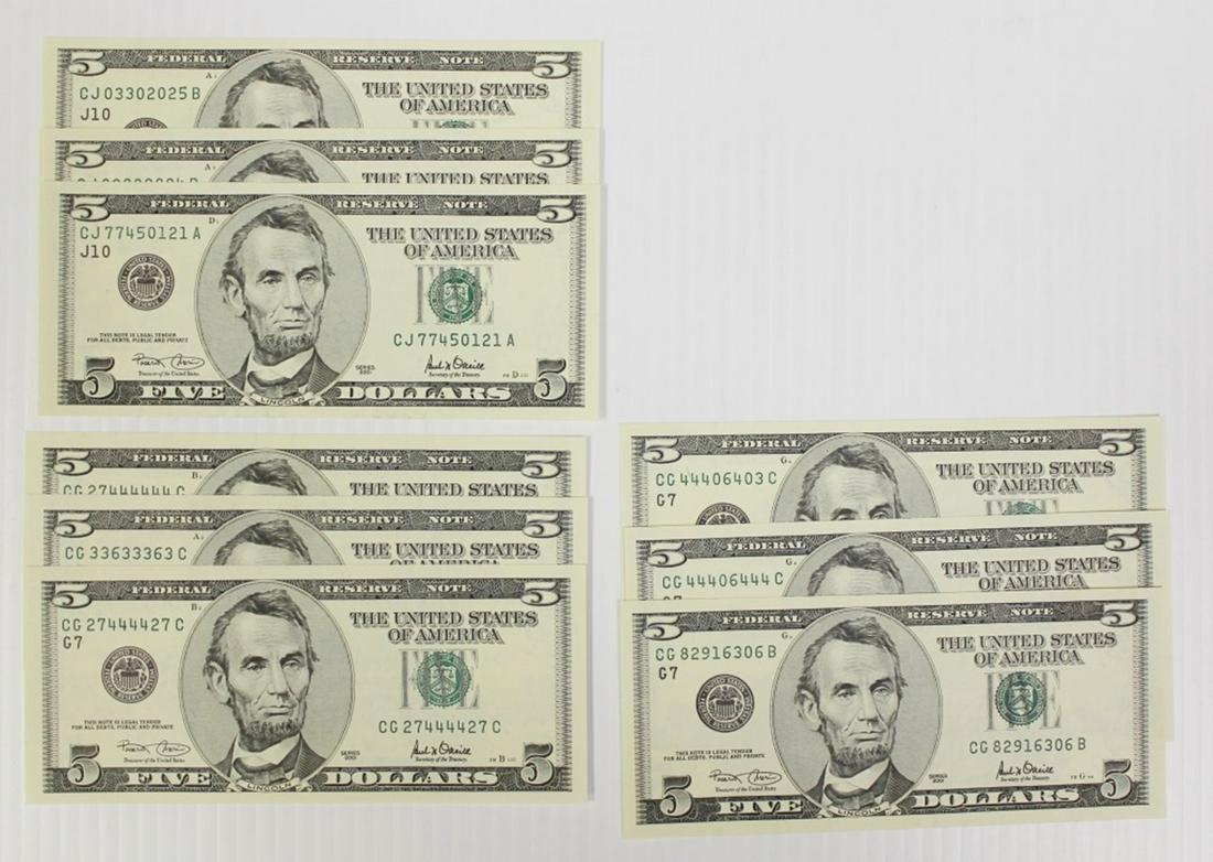 NINE $5.00 GEM UNC NOTES (1 of 2)