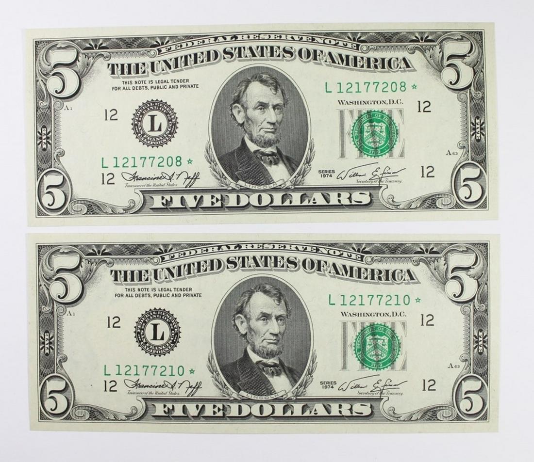 TWO 1974 $5.00 FEDERAL RESERVE STAR NOTES (1 of 2)