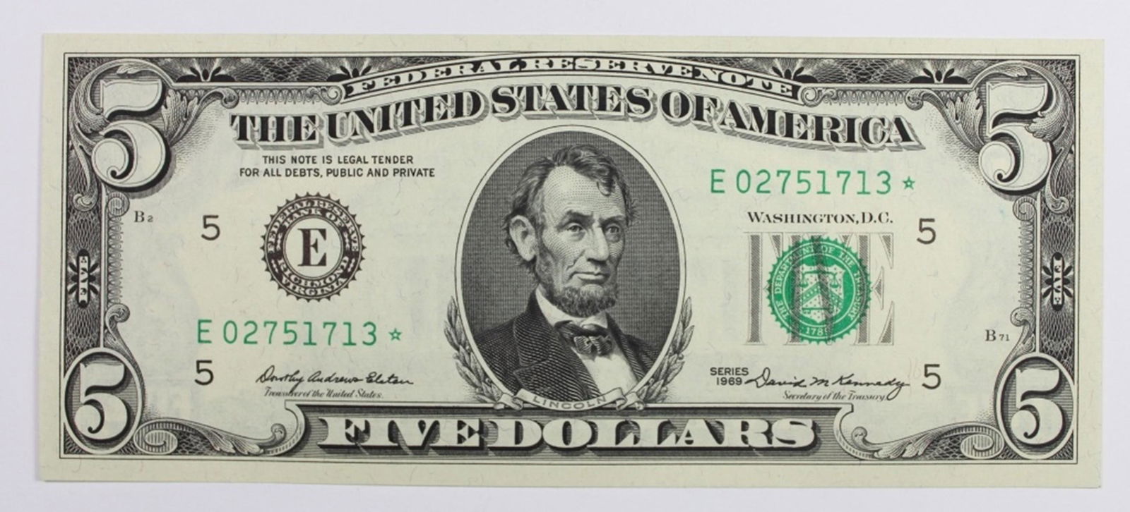 1969 $5.00 FEDERAL RESERVE STAR NOTE (1 of 2)