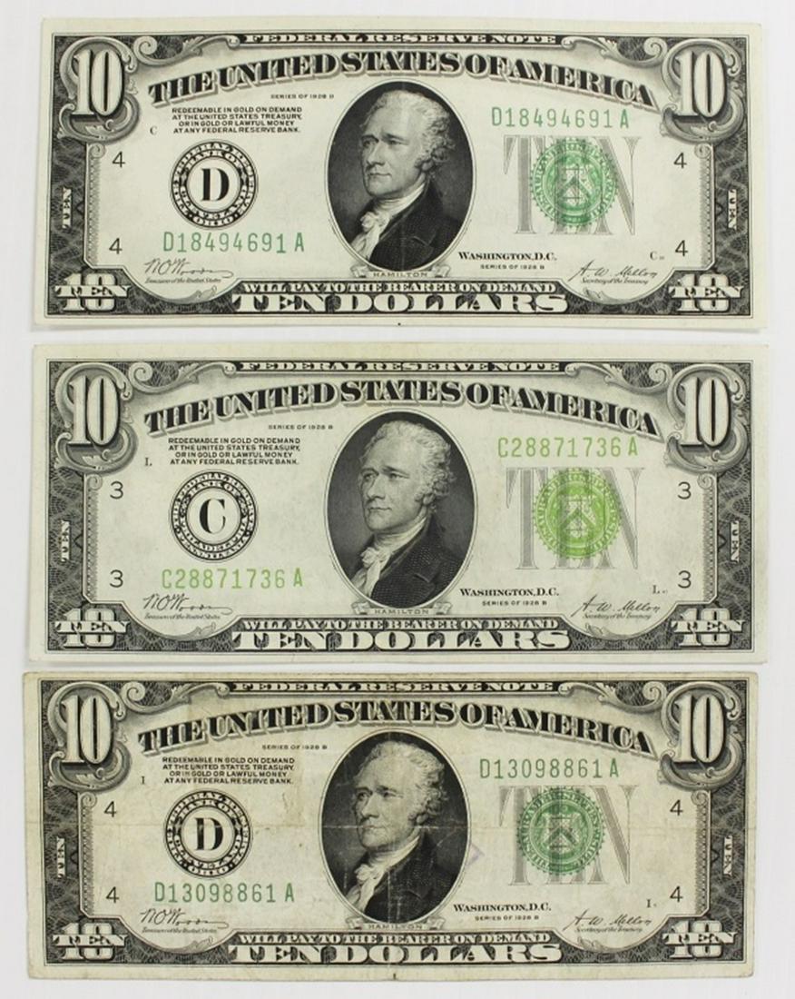 THREE 1928-B $10.00 FEDERAL RESERVE NOTES: 1928 AU/UNC CLEVELAND, 1928 VF CLEVELAND AND 1928 AU PHILADELPHIA. 3 PCS TOTAL. ESTIMATE: $250-$300
