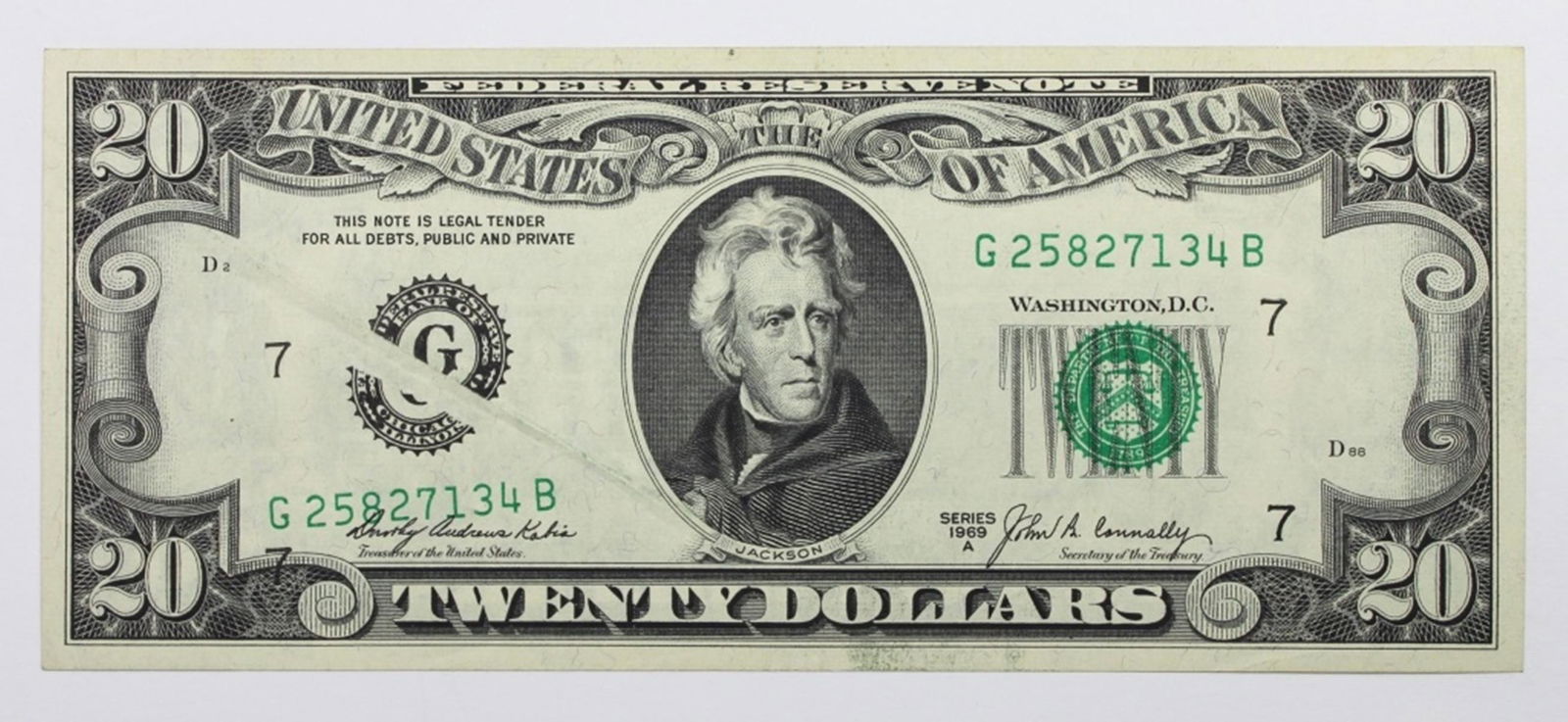 1969-A $20.00 ERROR "GUTTER ON INTERIOR FOLD" (1 of 2)