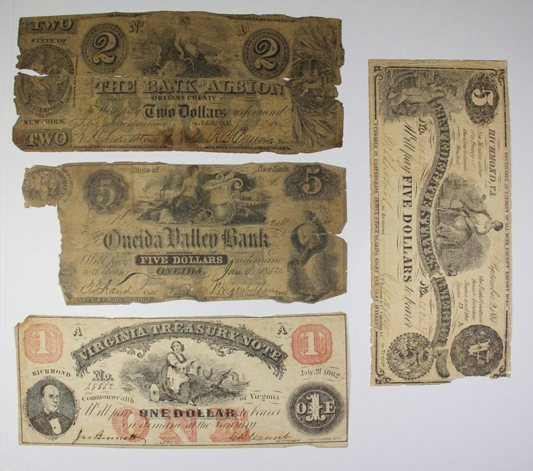 OBSOLETE BANK NOTES: 1861 VIRGINIA $5.00, 1862 $1.00 VIRGINIA, 1852 $5.00 NEW YORK AND 1860 $2.00 NEW YORK . ESTIMATE: $85-$125