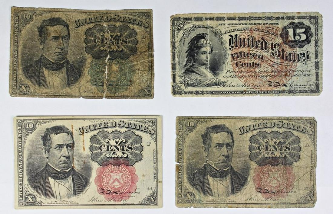 FR1264, FR1265, FR1266, FR1269 FRACTIONAL CURRENCY: FR 1264 FAIR, FR 1265 G, FR 1266 XF, AND FR 1269 F. ESTIMATE: $140-$175