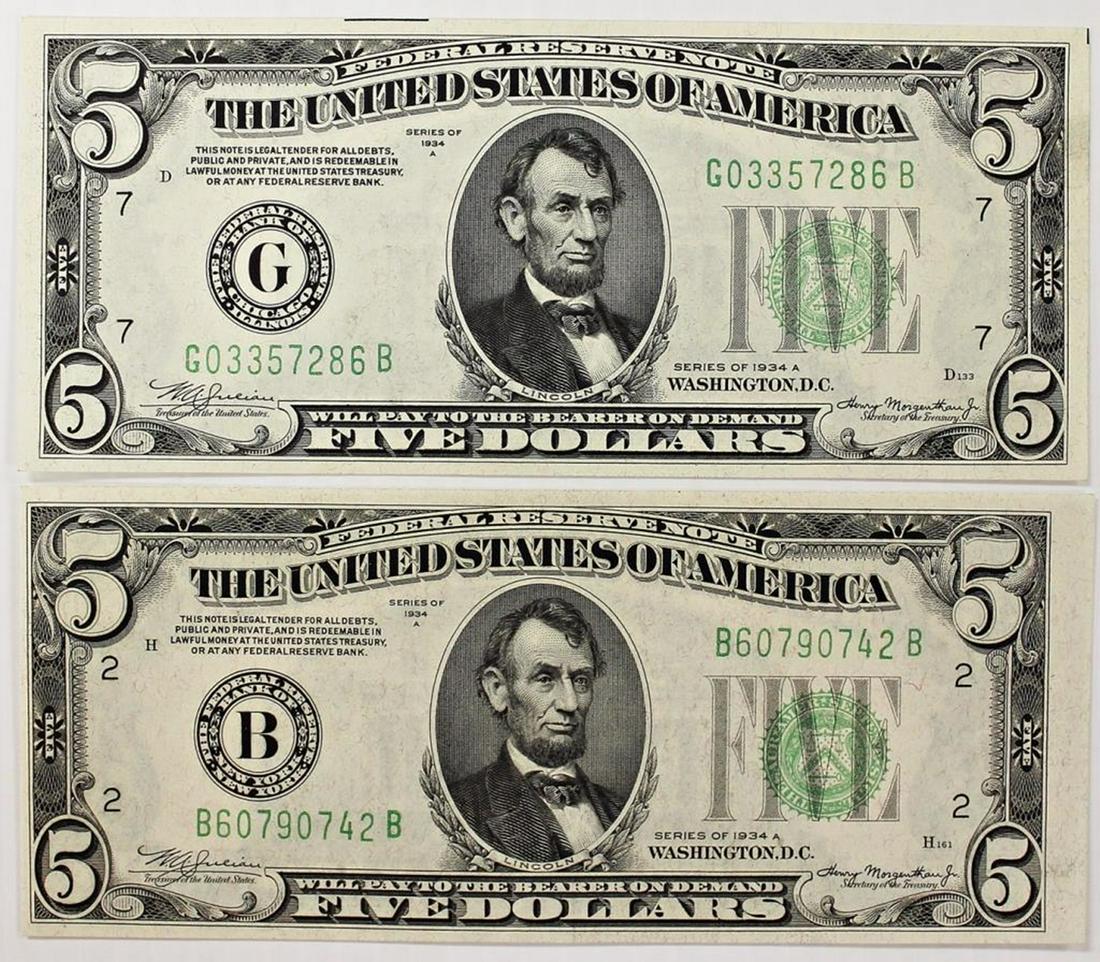 TWO 1934-A $5.00 FEDERAL RESERVE NOTES (1 of 2)