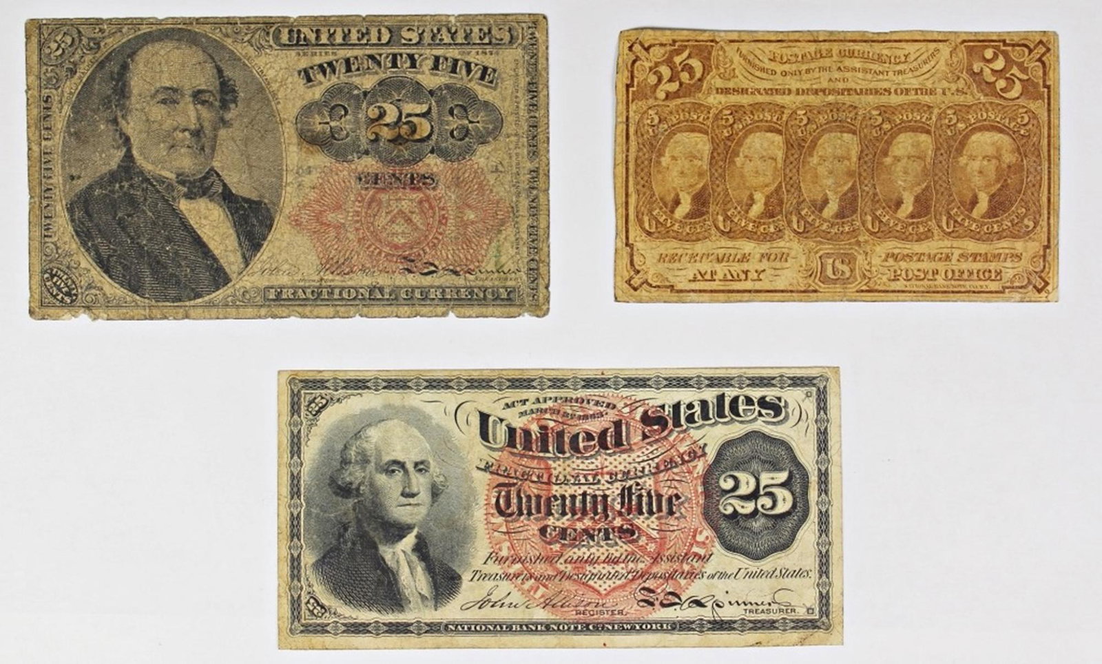 FR 1281, FR 1303, AND FR 1308 FRACTIONAL CURRENCY: FR 1281 VF, FR 1303 VF, AND FR 1308 VG. ESTIMATE: $95-$125