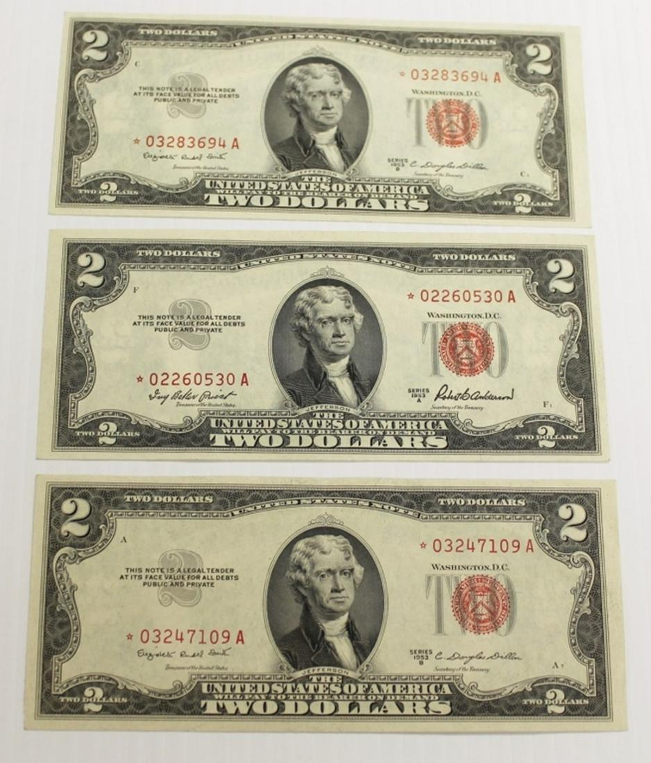 LOT OF $2.00 STAR NOTES: 1953-B AU+, 1953-A AU+ AND 1953-B CH UNC. ESTIMATE: $150-$200