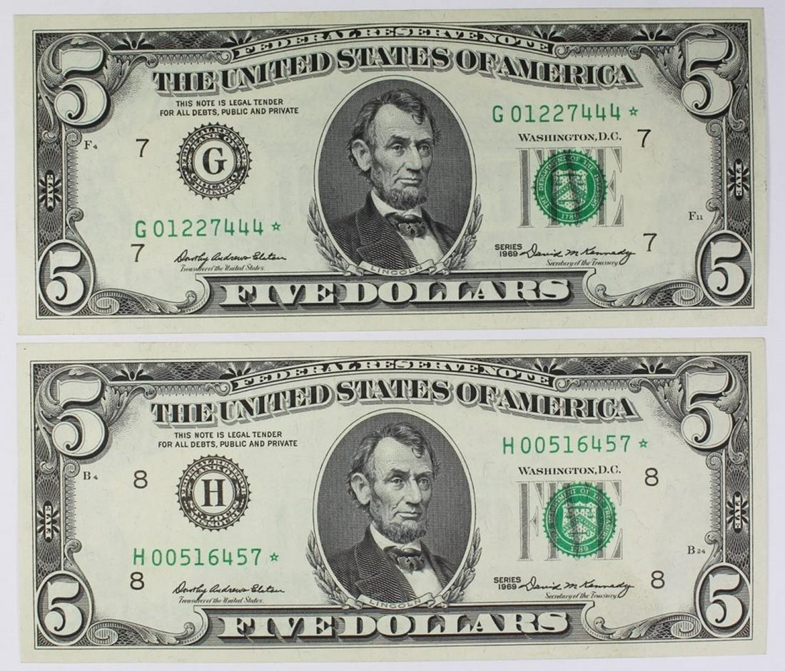 TWO 1969 $5.00 FEDERAL RESERVE STAR NOTES (1 of 2)