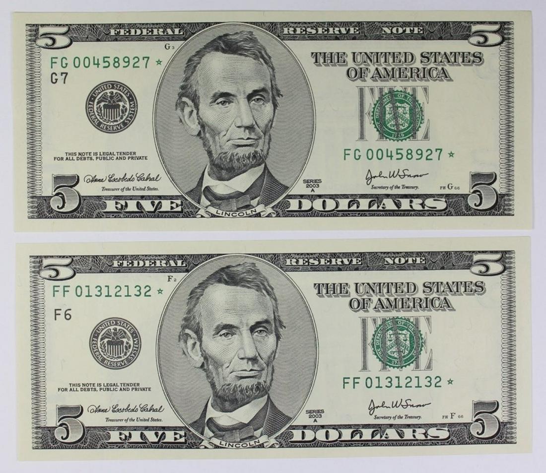 TWO $5.00 FEDERAL RESERVE STAR NOTES (1 of 2)