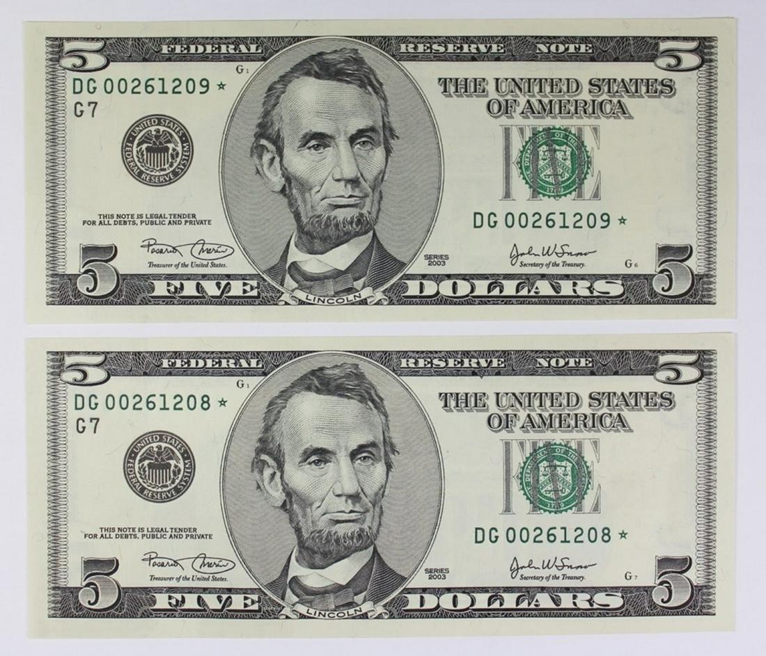 TWO $5.00 FEDERAL RESERVE STAR NOTES (1 of 2)