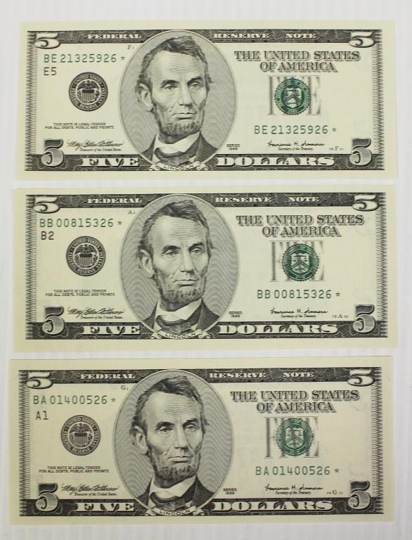 THREE 1999 $5.00 STAR NOTES (1 of 2)