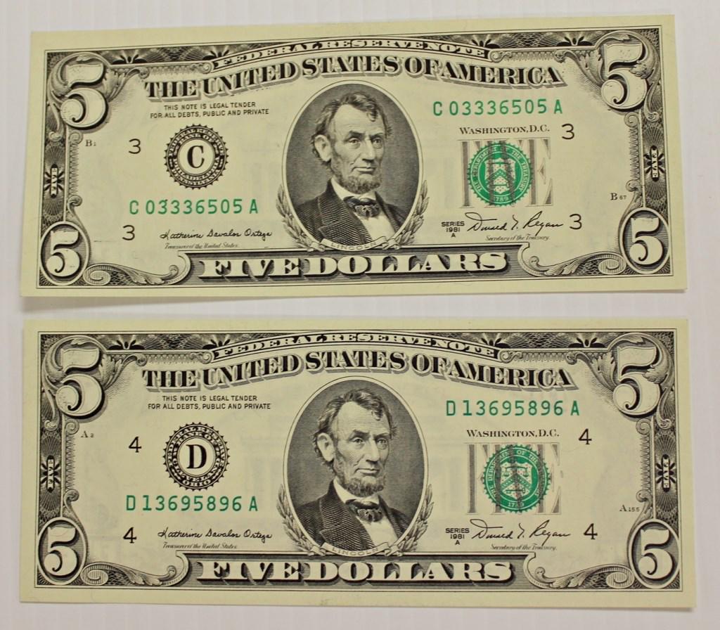 TWO 1981-A $5.00 FEDERAL RESERVE NOTES (1 of 2)