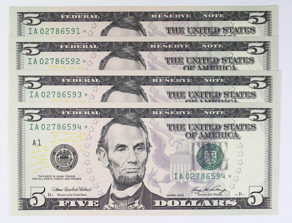 FOUR $5.00 FEDERAL RESERVE STAR NOTES (1 of 2)