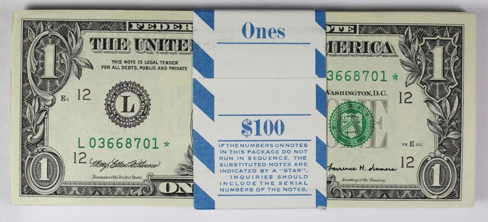 1999 PACK OF 100 $1.00 FEDERAL RESERVE STAR NOTES (1 of 3)