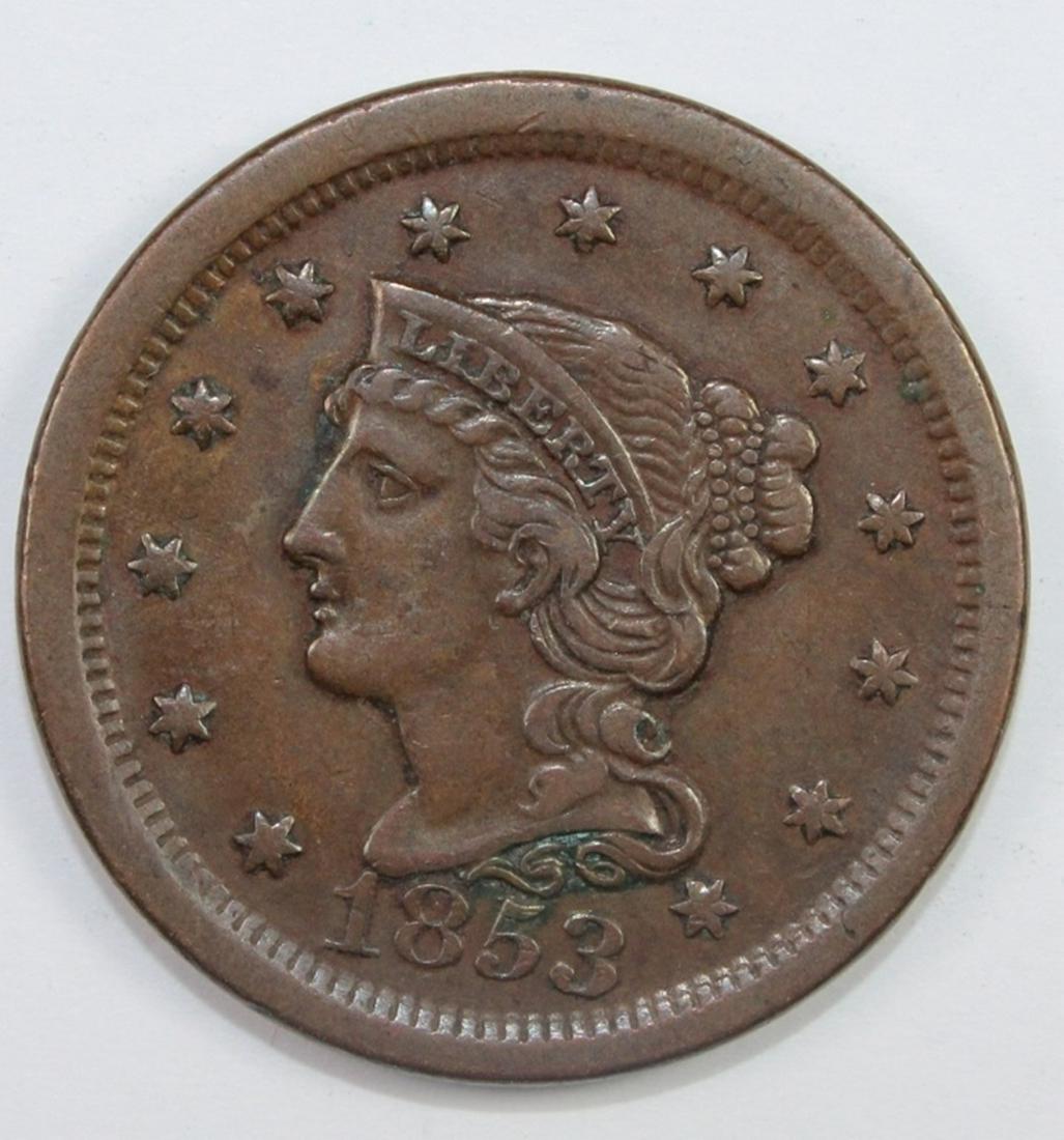 1853 LARGE CENT: XF-AU GLOSSY BROWN AND NICE! ESTIMATE: $75-$100