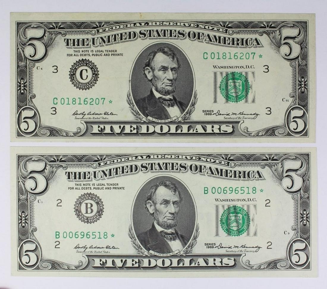 TWO 1969 $5.00 FEDERAL RESERVE STAR NOTES (1 of 2)