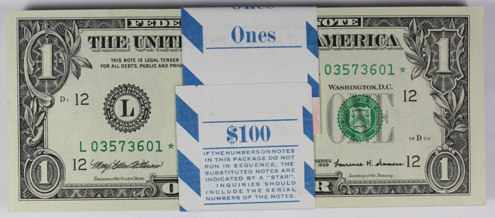 1999 PACK OF 100 $1.00 FEDERAL RESERVE STAR NOTES (1 of 3)