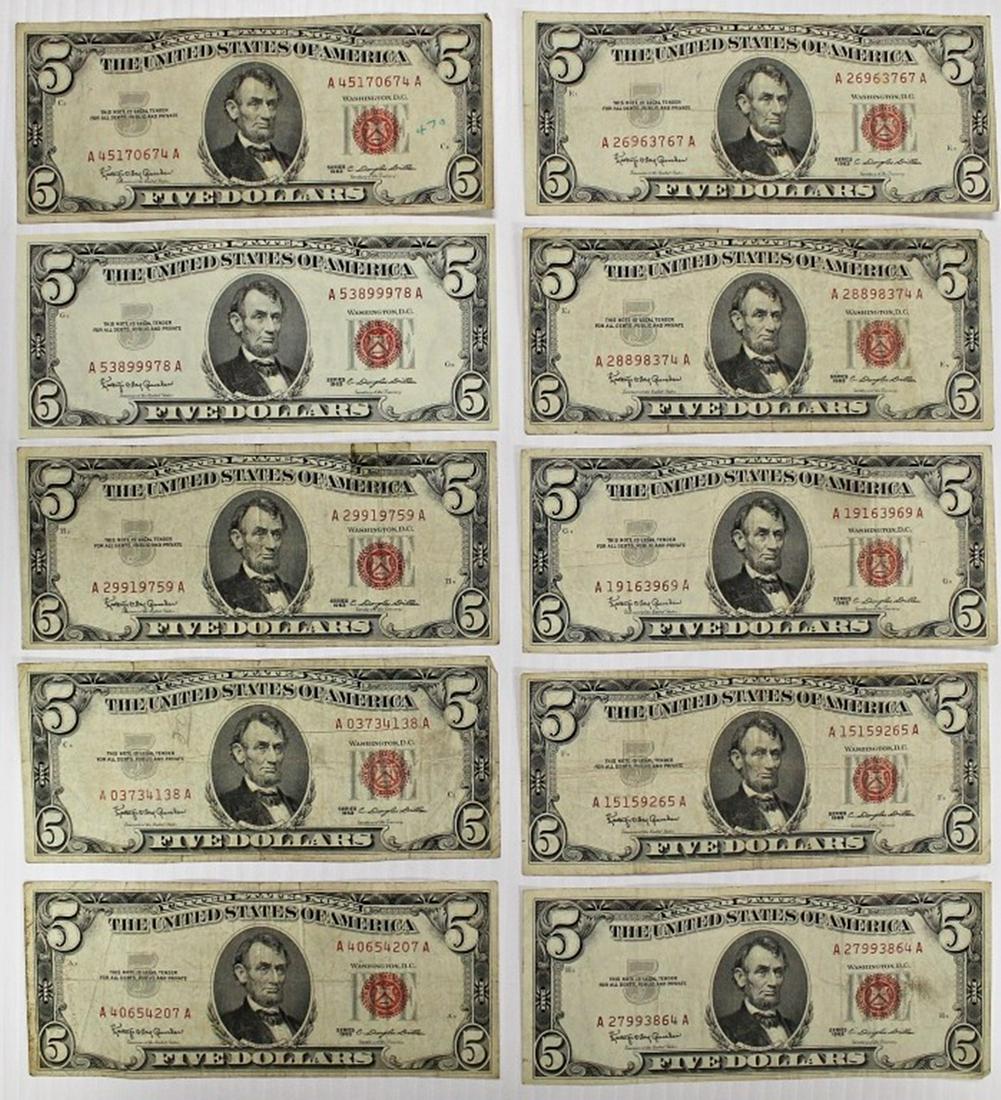 10 PCS. $5.00 RED SEAL U.S. NOTES (1 of 2)