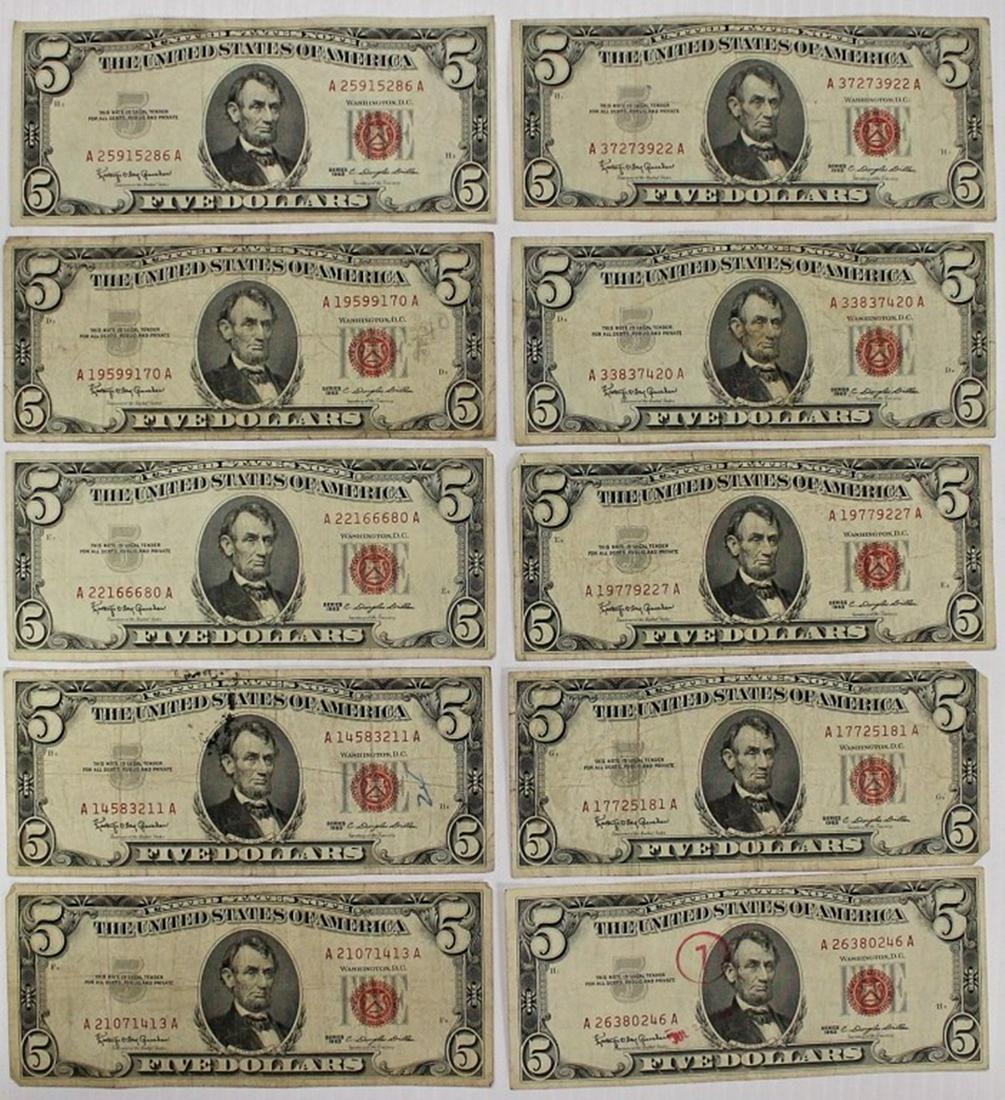 10 PCS. $5.00 RED SEALS U.S. NOTES (1 of 2)