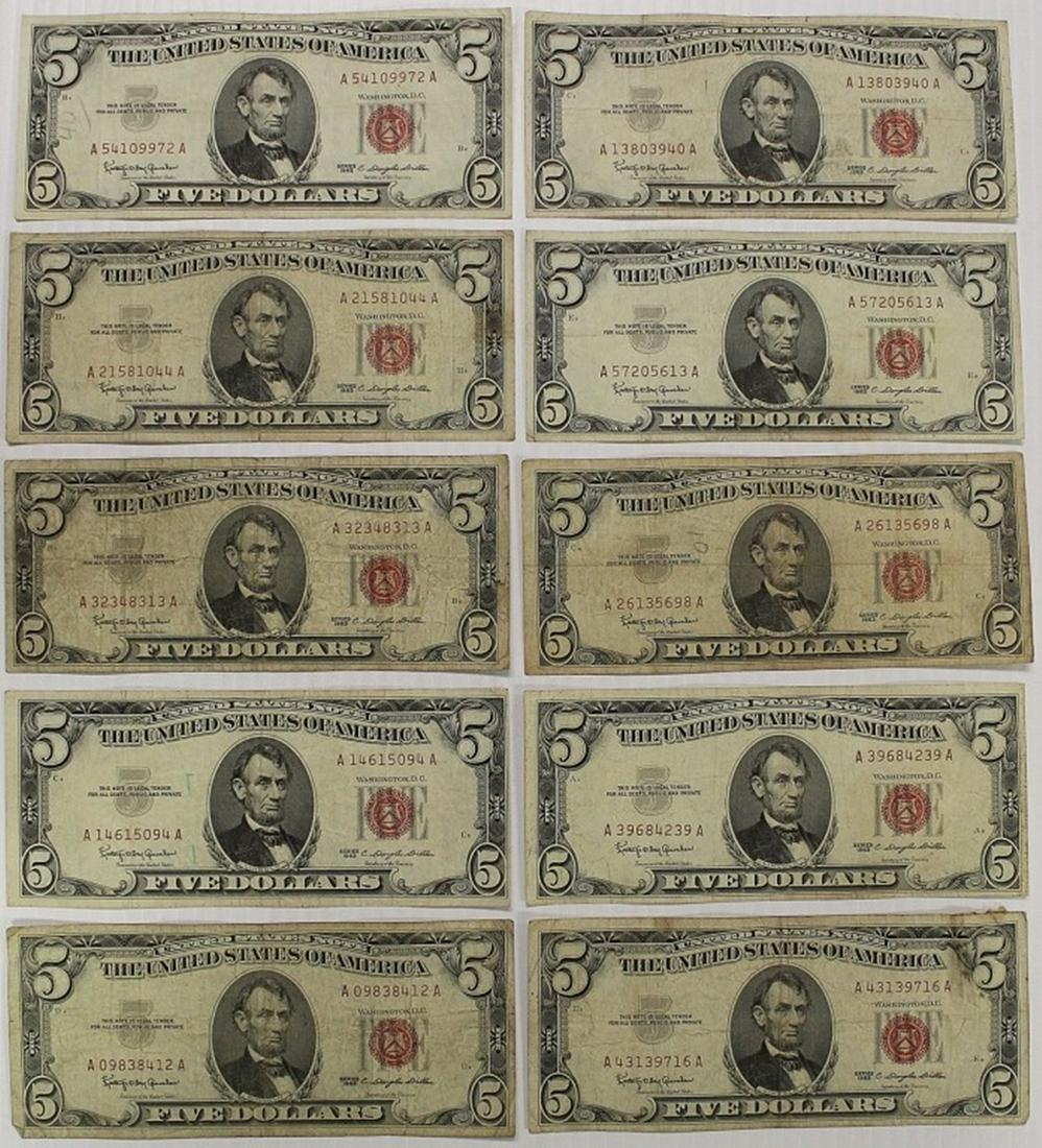 10 PCS. RED SEAL $5.00 U.S. NOTES (1 of 2)