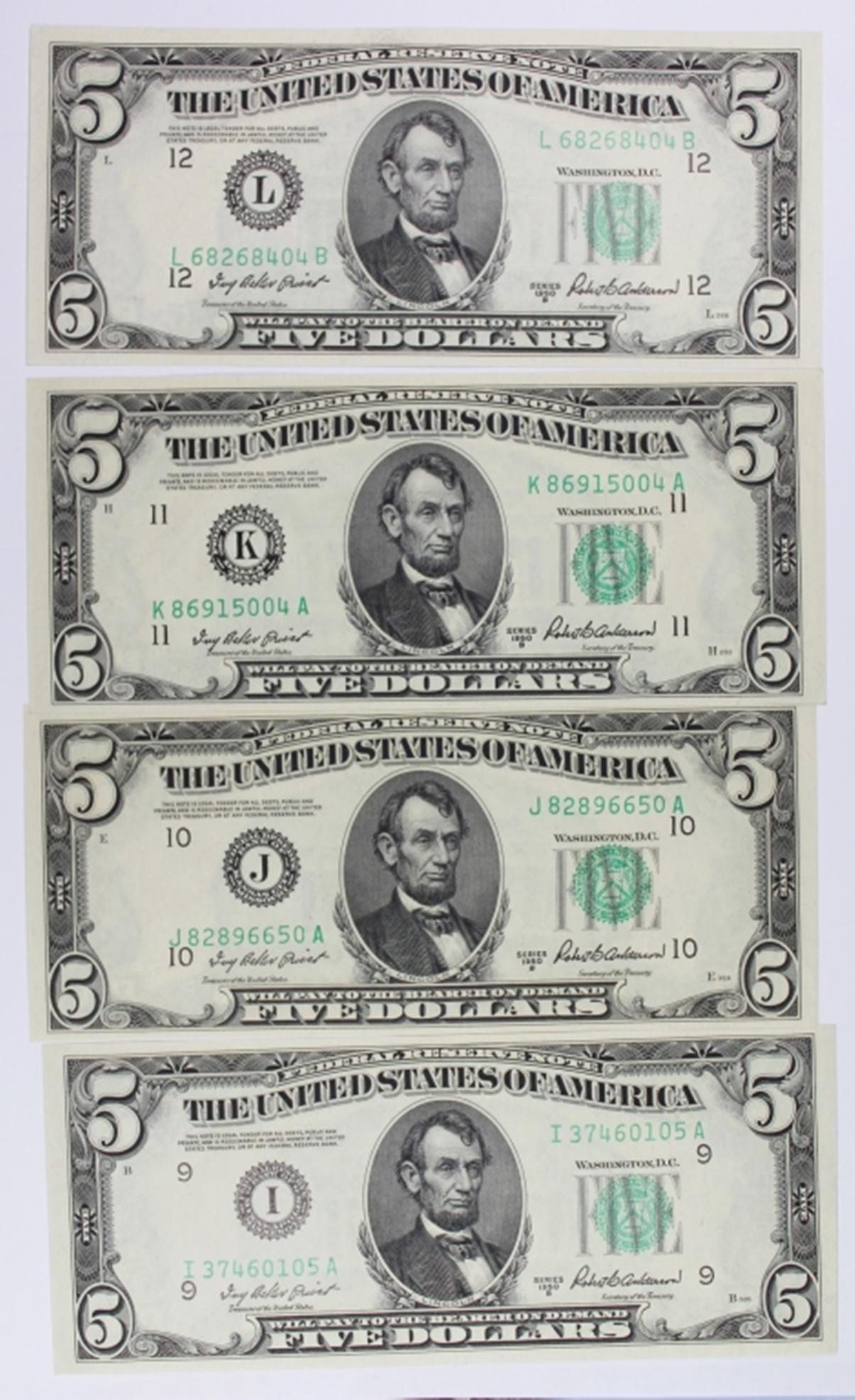(4) 1950-B $5.00 FEDERAL RESERVE NOTES (1 of 2)