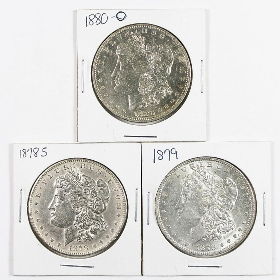 MORGAN SILVER DOLLARS: 1878-S AU, 1879 AU AND 1880-O AU. ESTIMATE: $110-$150