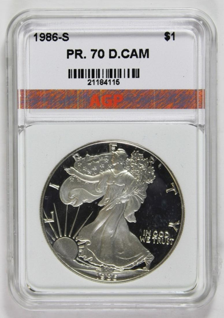 1986-S AMERICAN SILVER EAGLE: AGP PR 70 DCAM. BOX AND CERTIFICATE. ESTIMATE: $330-$450