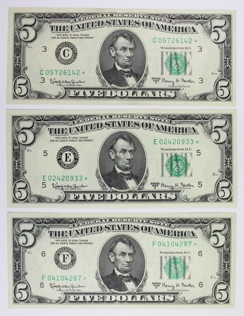 (3) 1963-A  $5.00 FEDERAL RESERVE STAR NOTES (1 of 2)